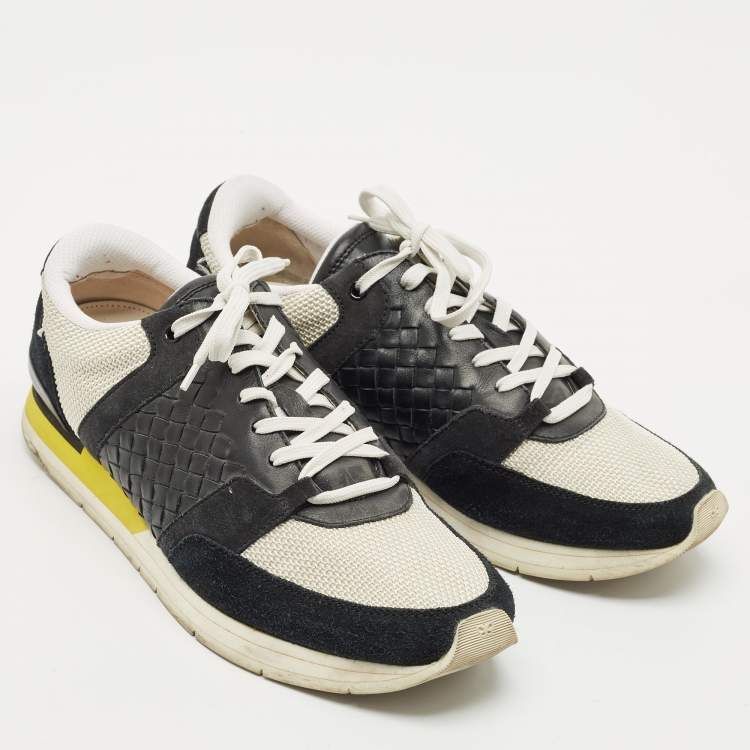 Pre Owned Bottega Veneta White/Black Intrecciato Leather and Suede Lace Up Sneakers Size 42