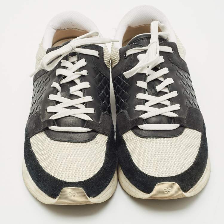 Pre Owned Bottega Veneta White/Black Intrecciato Leather and Suede Lace Up Sneakers Size 42