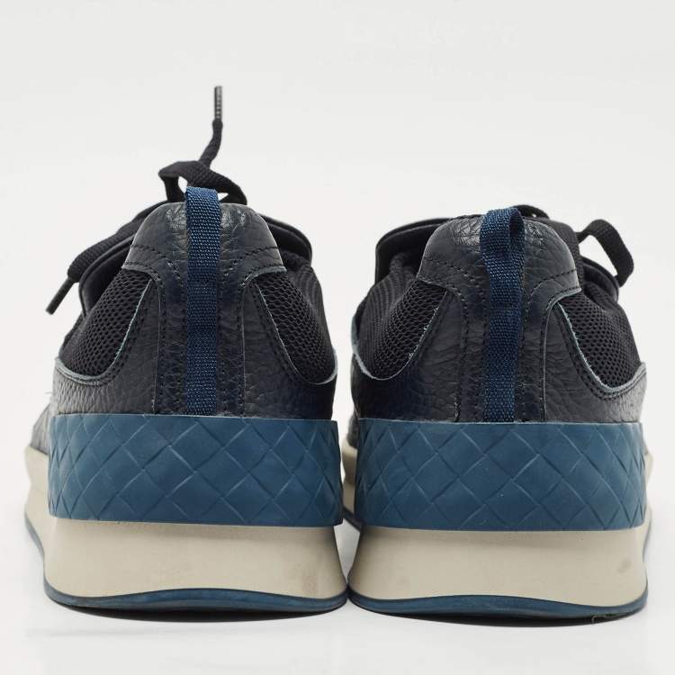 Pre Owned Bottega Veneta Navy Blue Leather and Fabric Intrecciato Lace Up Sneakers Size 42
