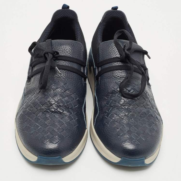 Pre Owned Bottega Veneta Navy Blue Leather and Fabric Intrecciato Lace Up Sneakers Size 42