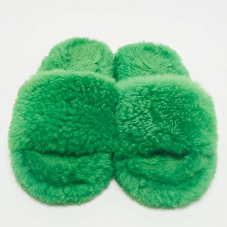 Pre Owned Bottega Veneta Green Shearling Fur Resort Teddy Slides Size 41