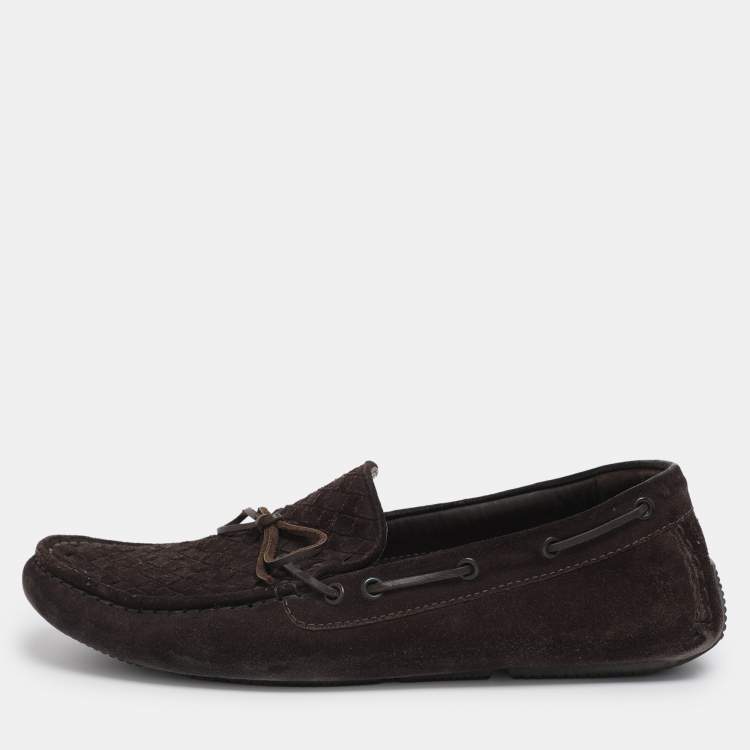 Pre Owned Bottega Veneta Brown Intrecciato Suede Loafers Size 43.5