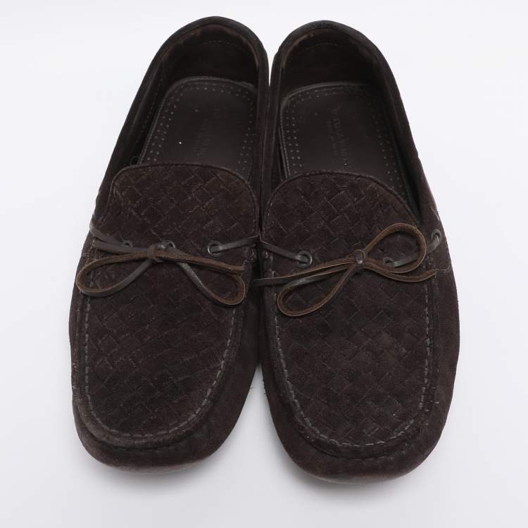 Pre Owned Bottega Veneta Brown Intrecciato Suede Loafers Size 43.5