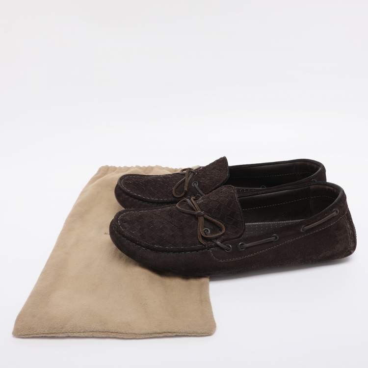 Pre Owned Bottega Veneta Brown Intrecciato Suede Loafers Size 43.5