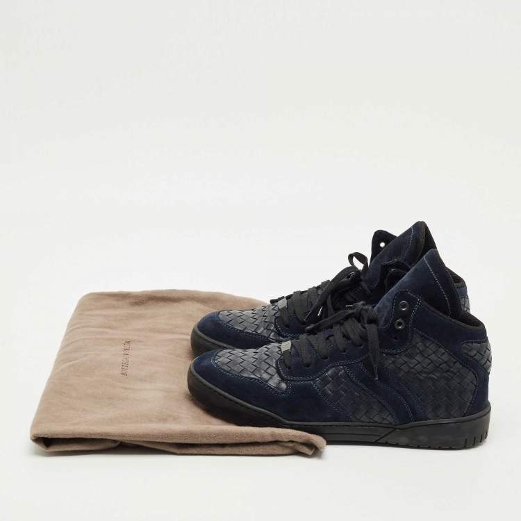 Pre Owned Bottega Veneta Navy Blue Suede and Intrecciato Leather High Top Sneakers Size 43