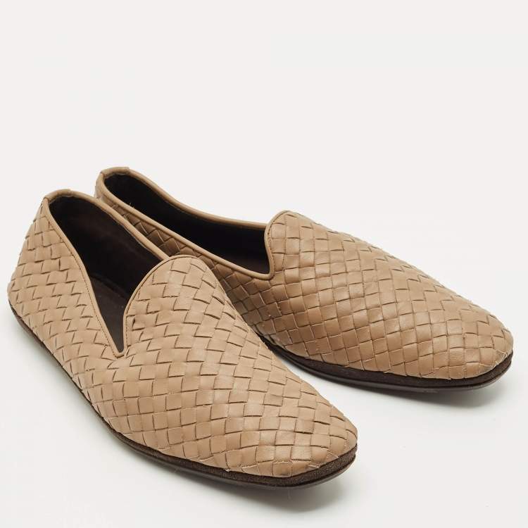 Pre Owned Bottega Veneta Brown Leather Intrecciato Smoking Slippers Size 42