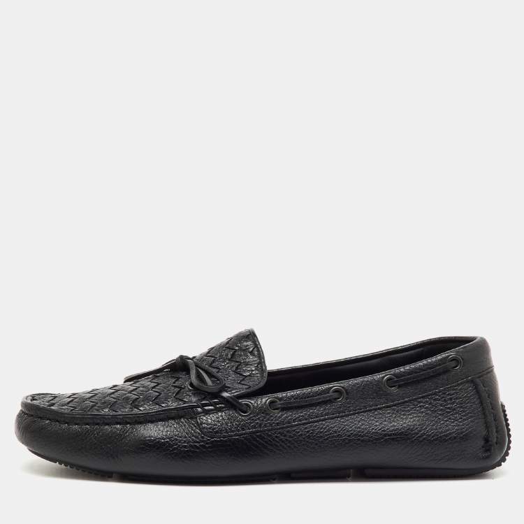 Pre Owned Bottega Veneta Black Intrecciato Leather Bow Slip On Loafers Size 41.5