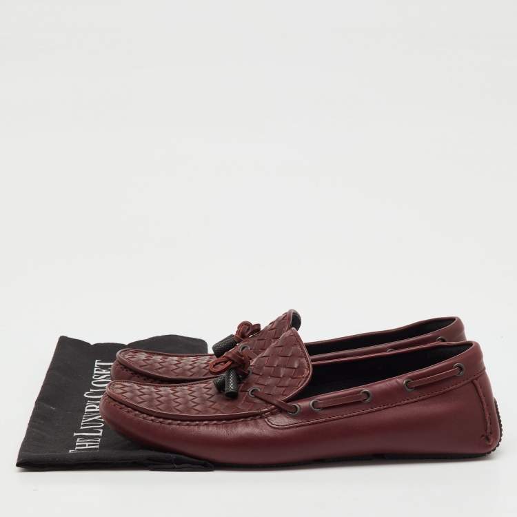 Pre Owned Bottega Veneta Burgundy Intrecciato Leather Bow Loafers Size 42.5