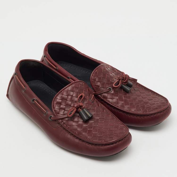 Pre Owned Bottega Veneta Burgundy Intrecciato Leather Bow Loafers Size 42.5