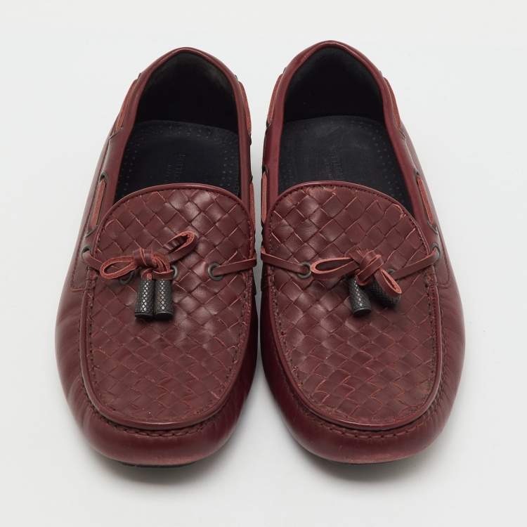 Pre Owned Bottega Veneta Burgundy Intrecciato Leather Bow Loafers Size 42.5