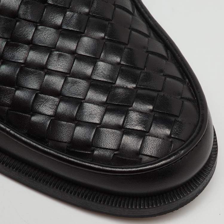 Pre Owned Bottega Veneta Black Intrecciato Leather Slip On Loafers Size 39