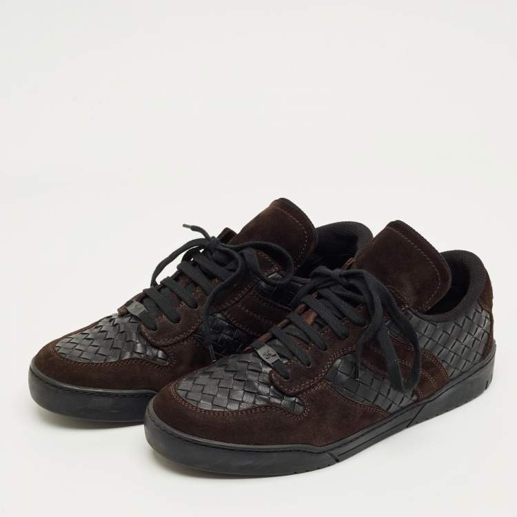 Pre Owned Bottega Veneta Black/Dark Brown Suede and Woven Leather Intrecciato Lace Up Sneakers Size 43