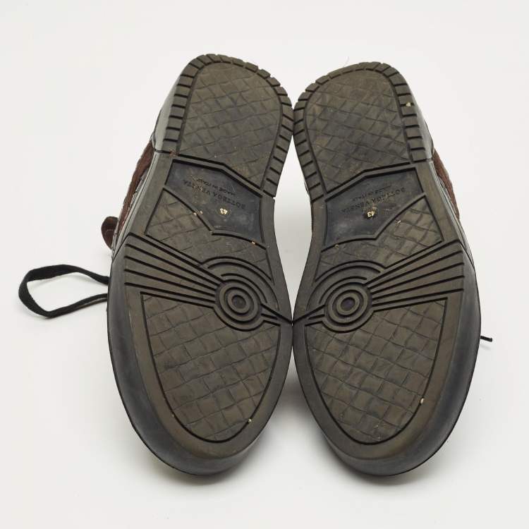 Pre Owned Bottega Veneta Black/Dark Brown Suede and Woven Leather Intrecciato Lace Up Sneakers Size 43