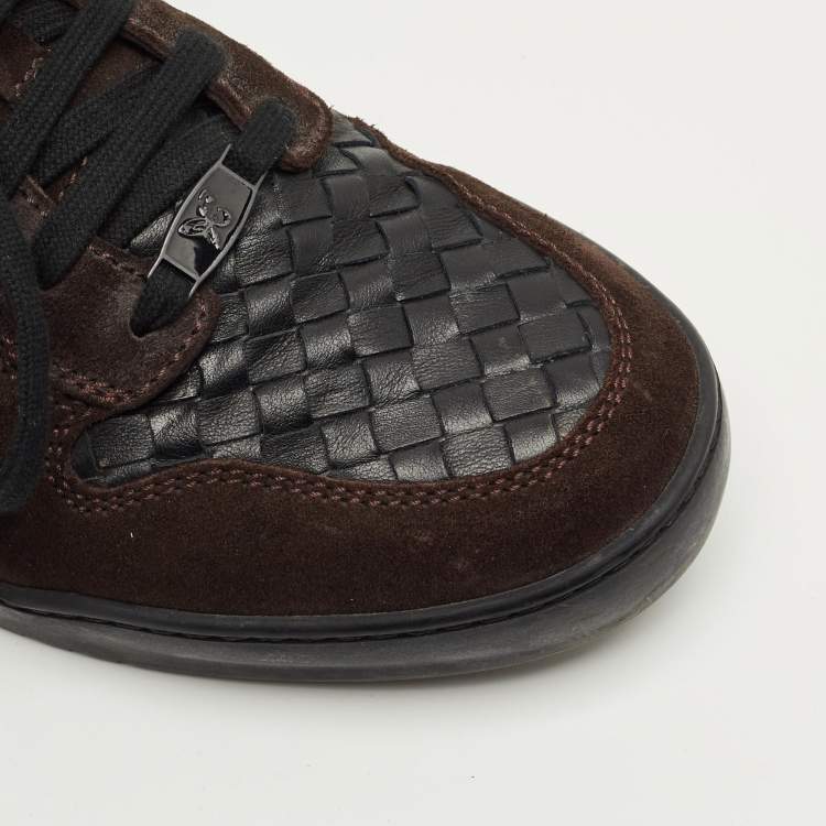 Pre Owned Bottega Veneta Black/Dark Brown Suede and Woven Leather Intrecciato Lace Up Sneakers Size 43