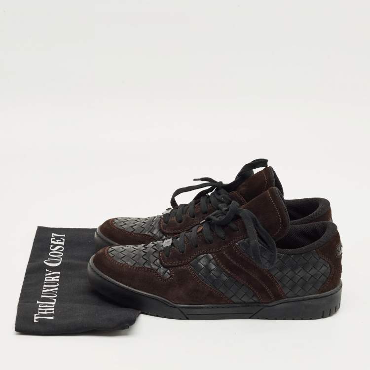 Pre Owned Bottega Veneta Black/Dark Brown Suede and Woven Leather Intrecciato Lace Up Sneakers Size 43