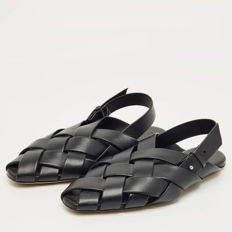 Pre Owned Bottega Veneta Black Leather Alfie Slingback Flat Sandals Size 42