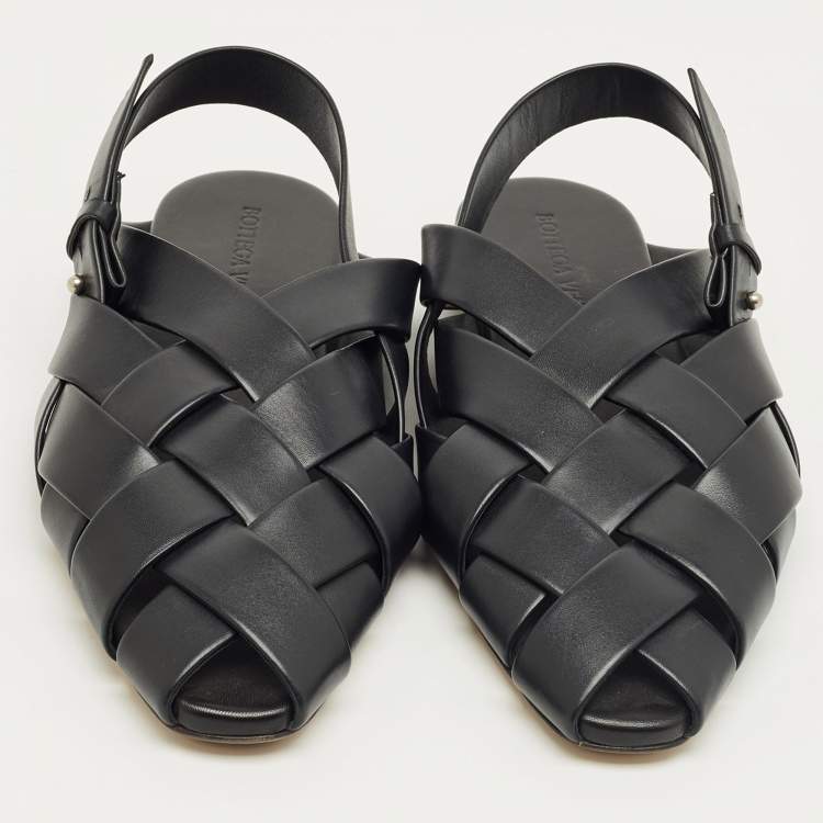 Pre Owned Bottega Veneta Black Leather Alfie Slingback Flat Sandals Size 42
