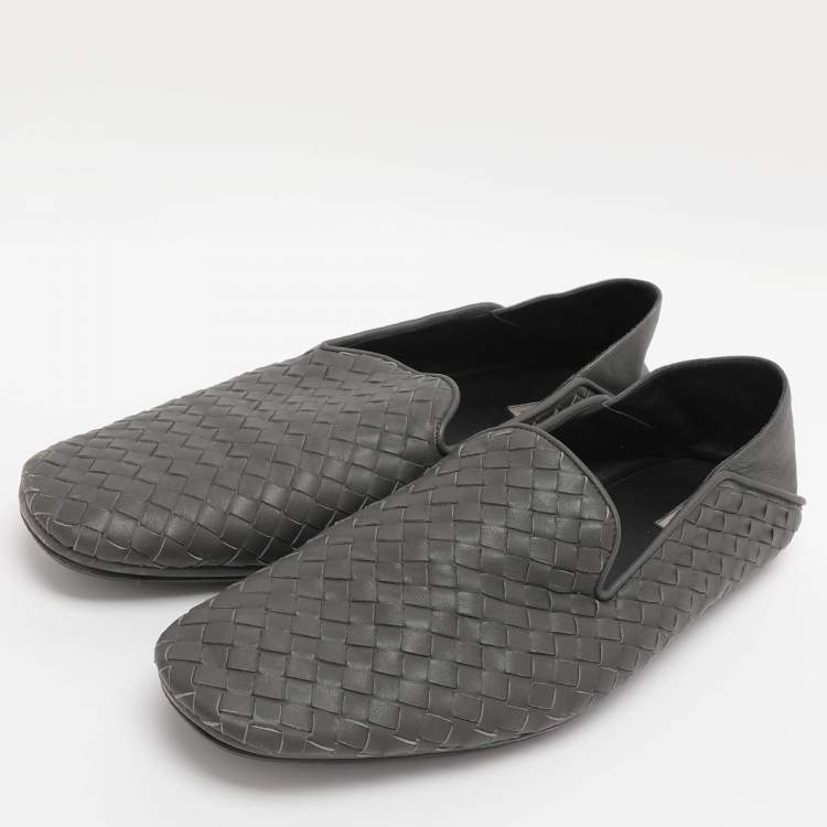 Pre Owned Bottega Veneta Grey Intrecciato Leather Smoking Slippers Size 42