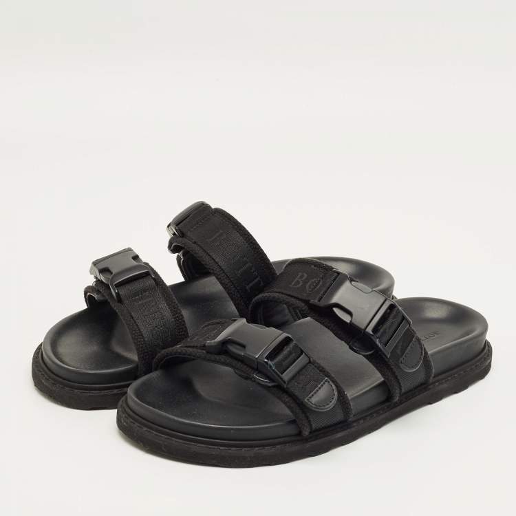 Pre Owned Bottega Veneta Black Fabric Logo Flat Slide Size 43