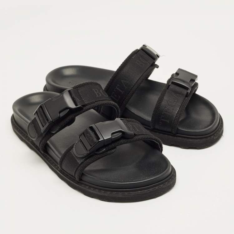 Pre Owned Bottega Veneta Black Fabric Logo Flat Slide Size 43