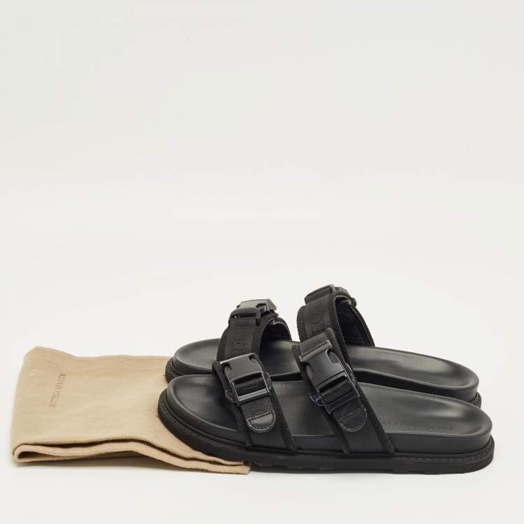 Pre Owned Bottega Veneta Black Fabric Logo Flat Slide Size 43