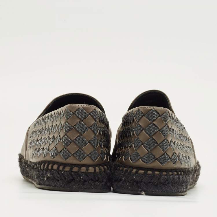 Pre Owned Bottega Veneta Dark Green Leather Intrecciato Espadrille Flats Size 42