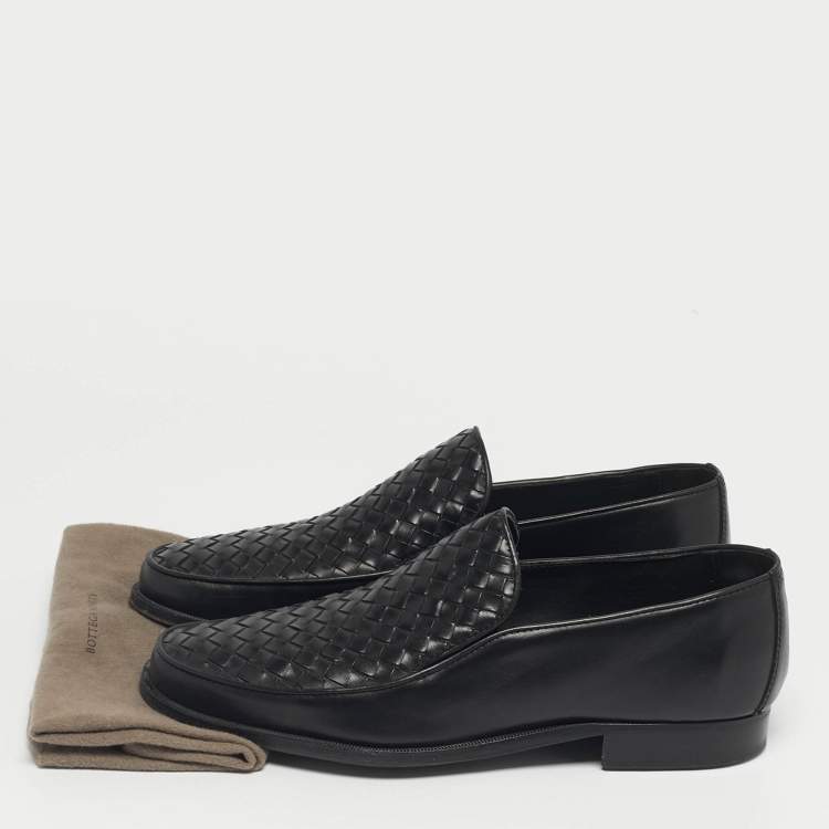 Pre Owned Bottega Veneta Black Leather Intrecciato Loafers Size 42