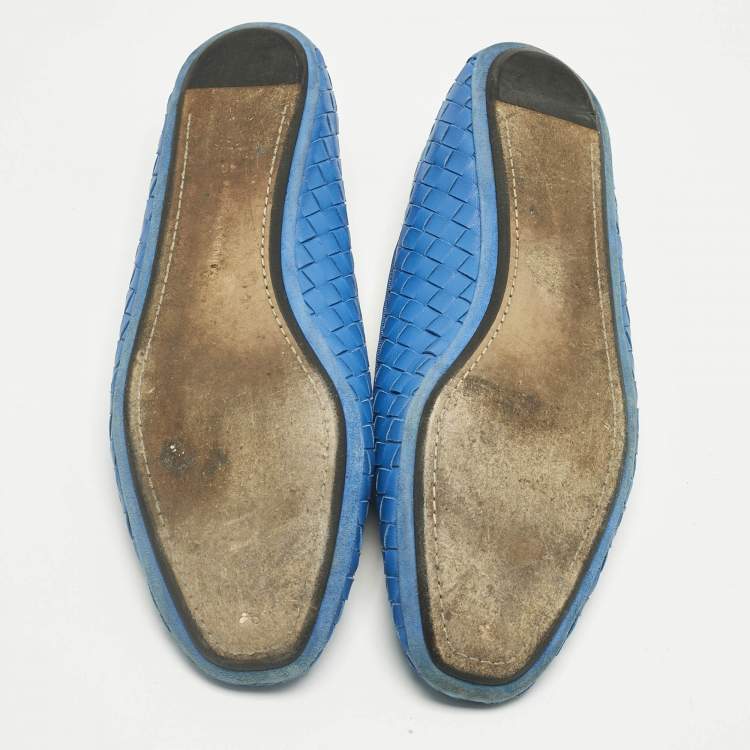 Pre Owned Bottega Veneta Blue Leather Intrecciato Smoking Slippers Size 40