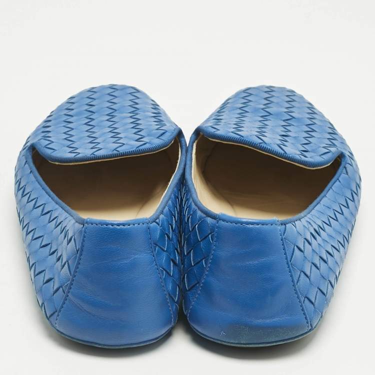 Pre Owned Bottega Veneta Blue Leather Intrecciato Smoking Slippers Size 40