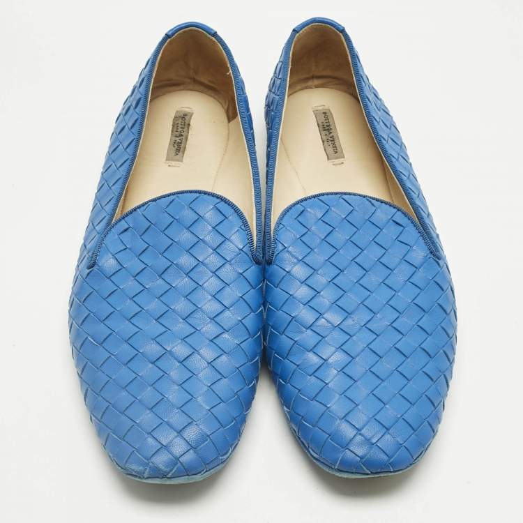 Pre Owned Bottega Veneta Blue Leather Intrecciato Smoking Slippers Size 40