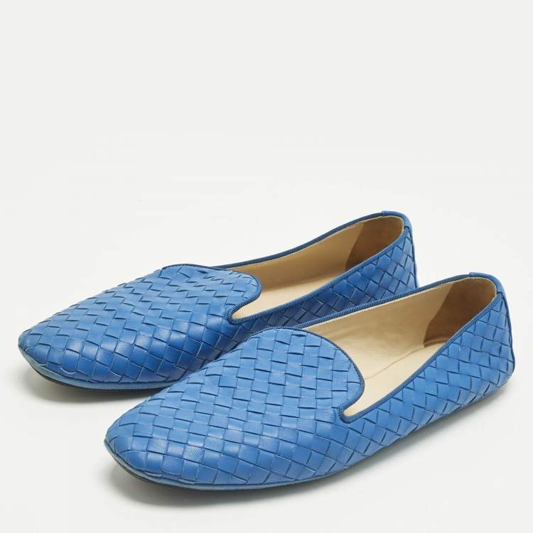 Pre Owned Bottega Veneta Blue Leather Intrecciato Smoking Slippers Size 40