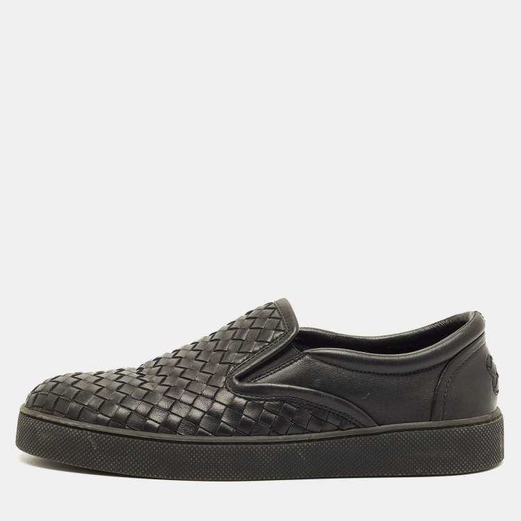 Pre Owned Bottega Veneta Size 40.5 Black Intrecciato Leather Slip On Sneakers