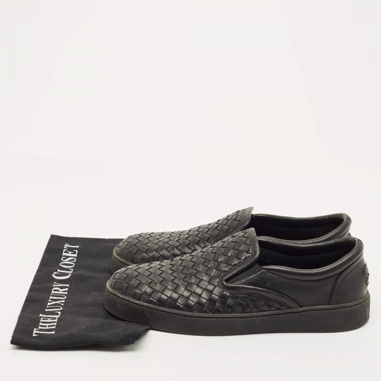 Pre Owned Bottega Veneta Size 40.5 Black Intrecciato Leather Slip On Sneakers