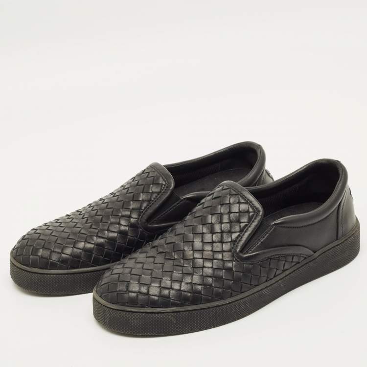 Pre Owned Bottega Veneta Size 40.5 Black Intrecciato Leather Slip On Sneakers