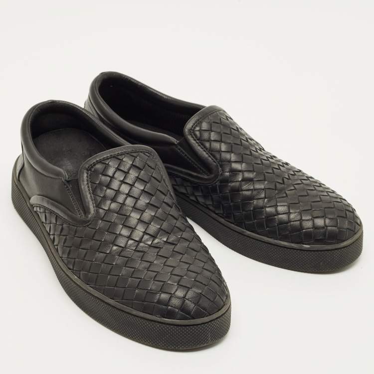 Pre Owned Bottega Veneta Size 40.5 Black Intrecciato Leather Slip On Sneakers