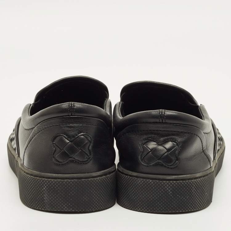 Pre Owned Bottega Veneta Size 40.5 Black Intrecciato Leather Slip On Sneakers