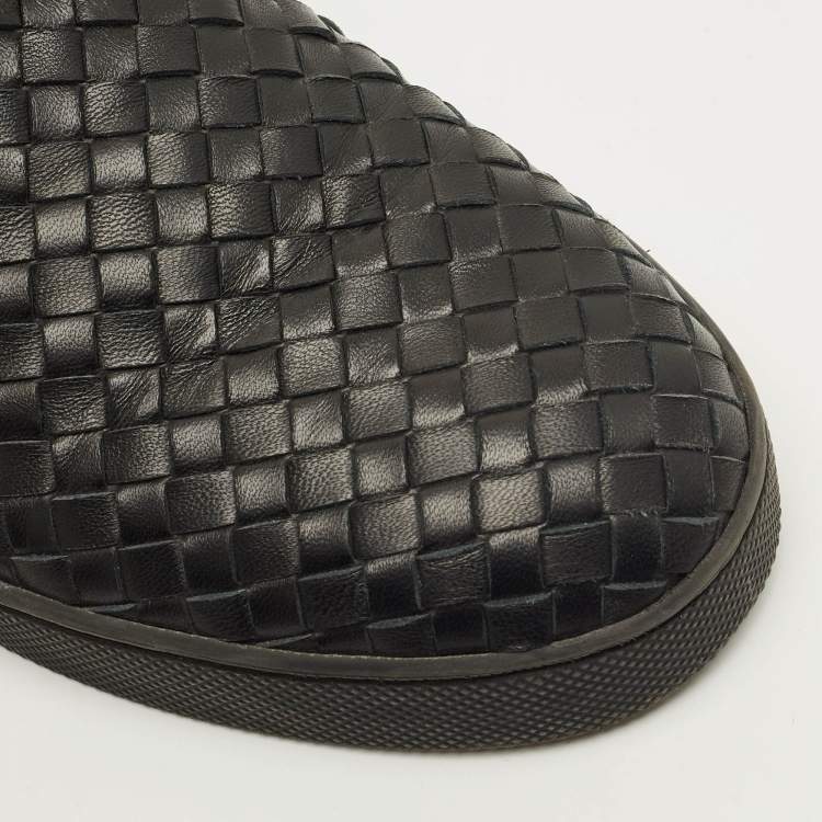 Pre Owned Bottega Veneta Size 40.5 Black Intrecciato Leather Slip On Sneakers