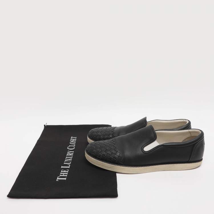 Pre Owned Bottega Veneta Dodger Size 44.5 Black Intrecciato Leather Slip On Sneakers
