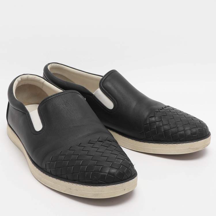 Pre Owned Bottega Veneta Dodger Size 44.5 Black Intrecciato Leather Slip On Sneakers