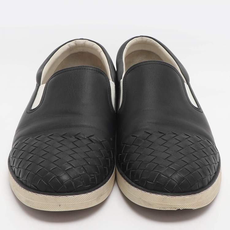 Pre Owned Bottega Veneta Dodger Size 44.5 Black Intrecciato Leather Slip On Sneakers