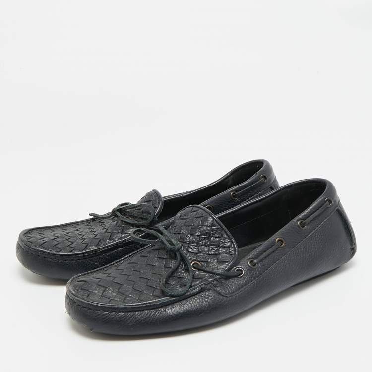 Pre Owned Bottega Veneta Intrecciato Size 41 Navy Blue Intrecciato Leather Bow Slip On Loafers