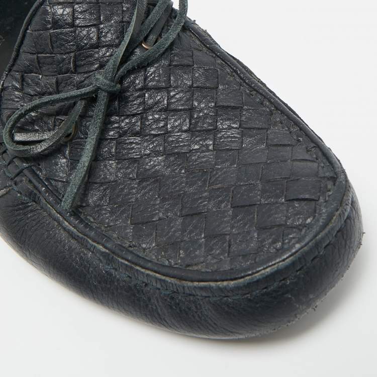 Pre Owned Bottega Veneta Intrecciato Size 41 Navy Blue Intrecciato Leather Bow Slip On Loafers