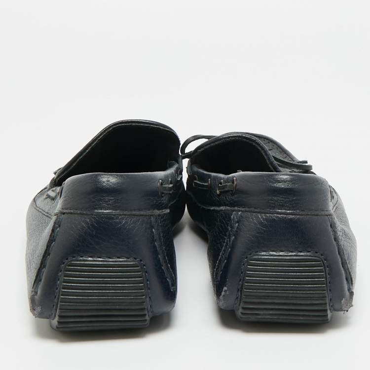 Pre Owned Bottega Veneta Intrecciato Size 41 Navy Blue Intrecciato Leather Bow Slip On Loafers