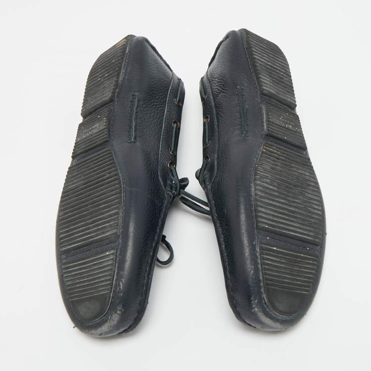 Pre Owned Bottega Veneta Intrecciato Size 41 Navy Blue Intrecciato Leather Bow Slip On Loafers