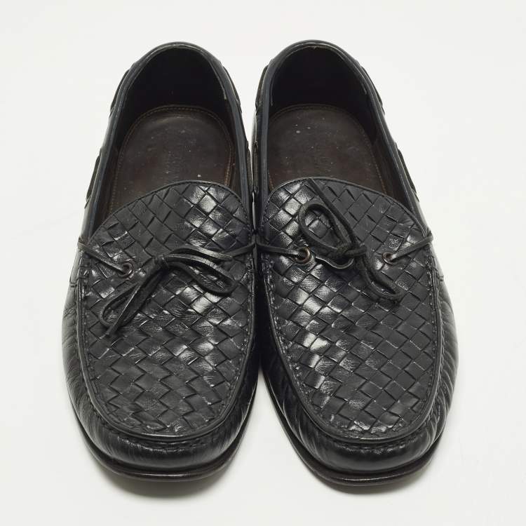 Pre Owned Bottega Veneta Size 42 Black Intrecciato Leather Bow Slip On Loafers