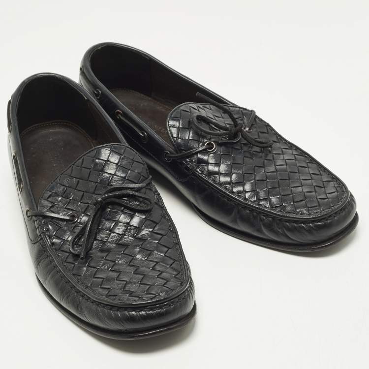 Pre Owned Bottega Veneta Size 42 Black Intrecciato Leather Bow Slip On Loafers