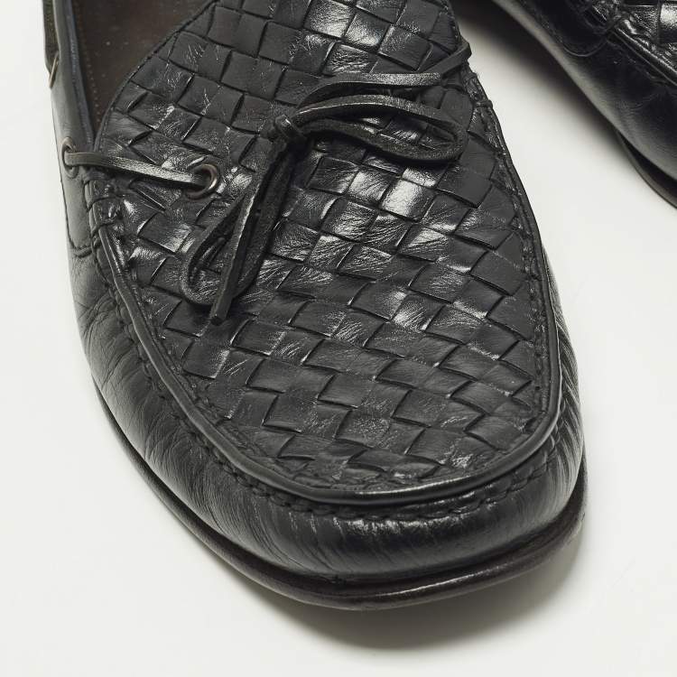 Pre Owned Bottega Veneta Size 42 Black Intrecciato Leather Bow Slip On Loafers
