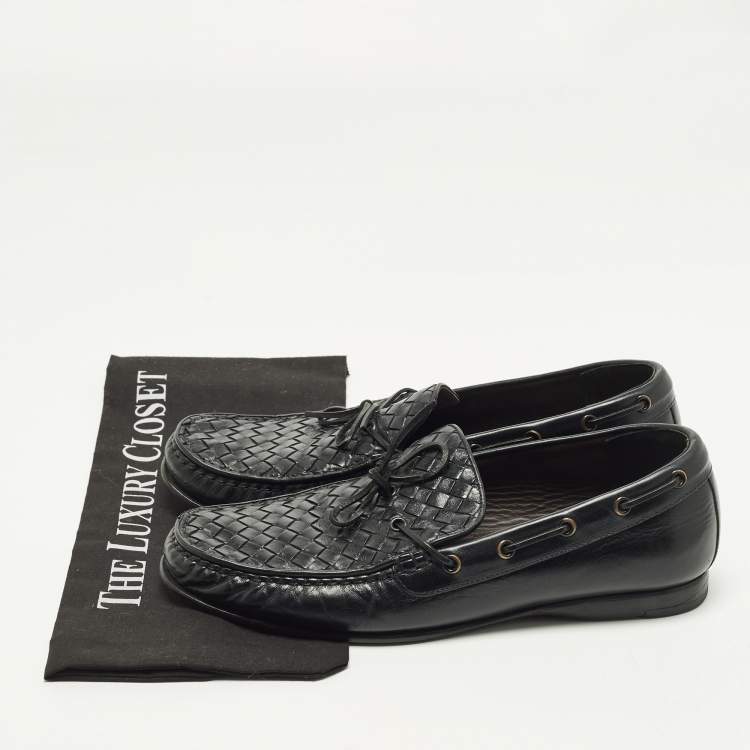 Pre Owned Bottega Veneta Size 42 Black Intrecciato Leather Bow Slip On Loafers