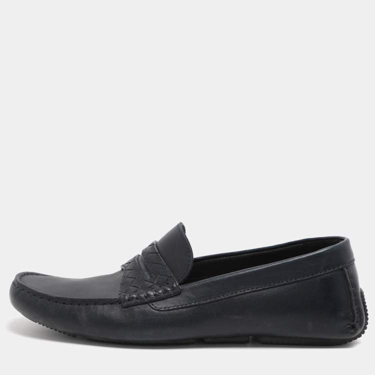 Pre Owned Bottega Veneta Wave Driver Size 41.5 Navy Blue Leather Penny Loafers