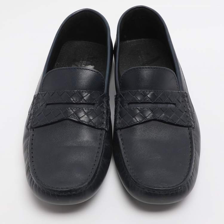Pre Owned Bottega Veneta Wave Driver Size 41.5 Navy Blue Leather Penny Loafers